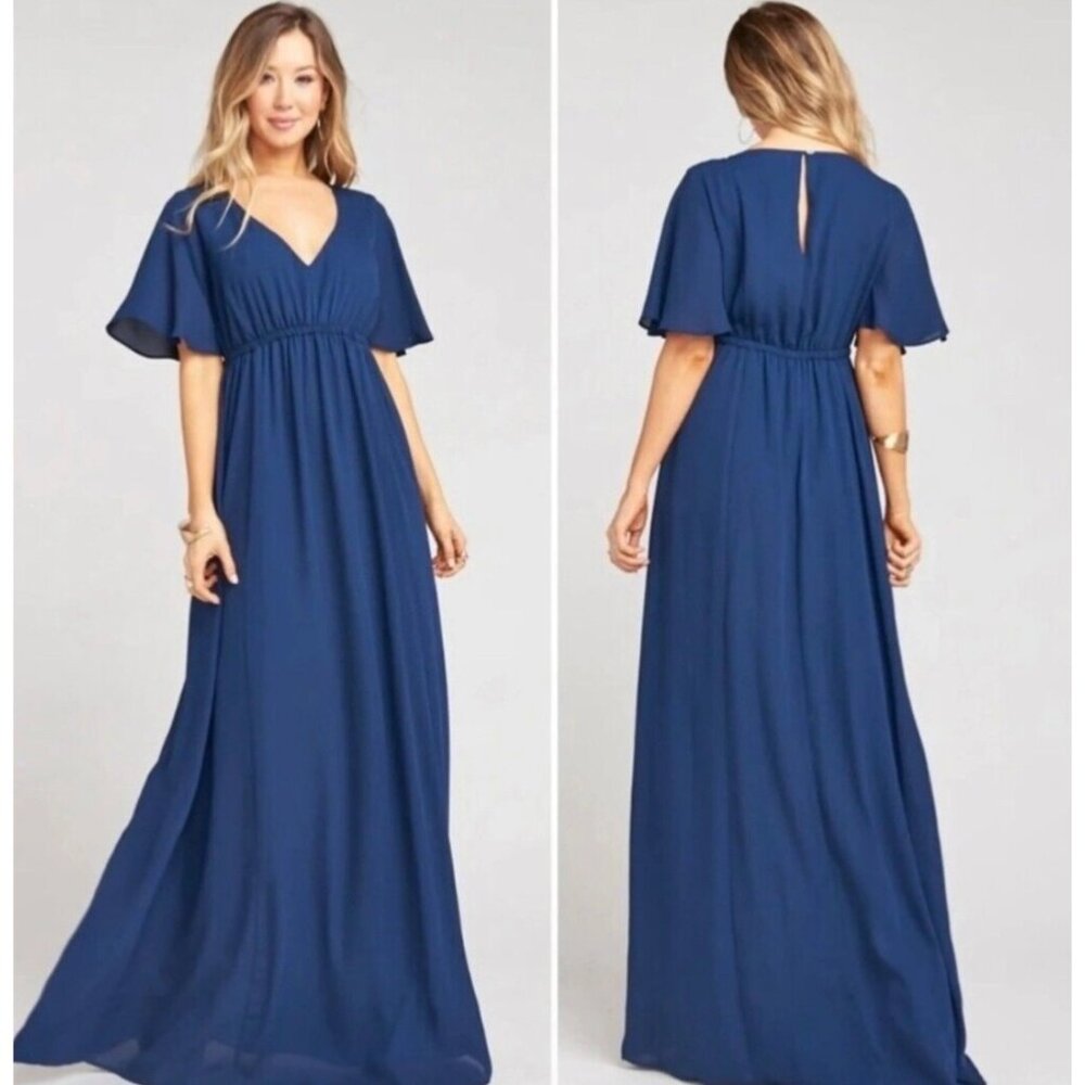 Show Me Your Munu Long Navy blue Empire Flutter Sleeve Dress V Neck NWT …